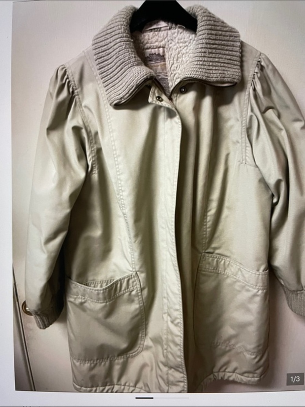 Cream Color Utility Coat with Knit Collar